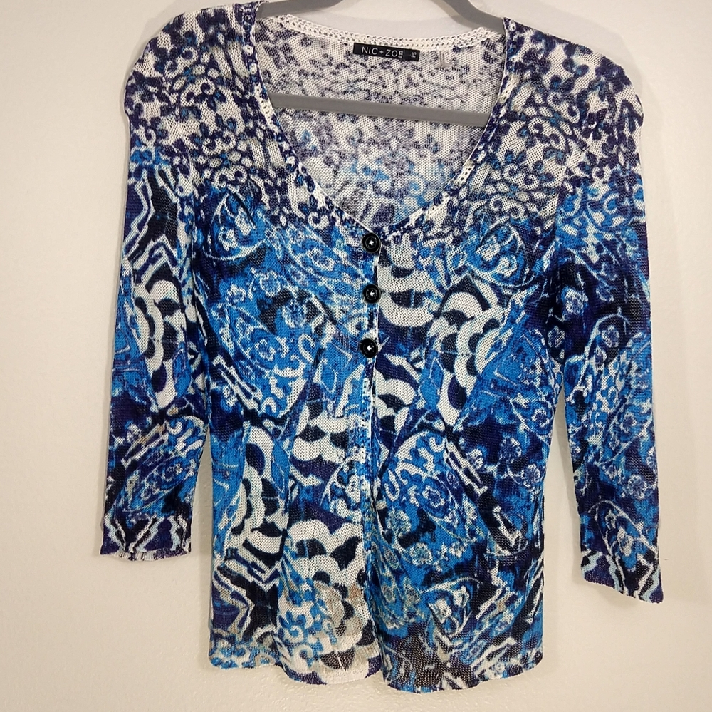 Nic+Zoe cardigan blue and white sz PS